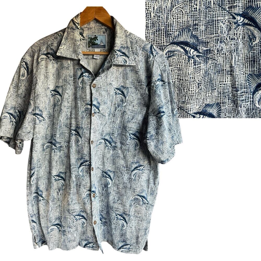 AFCO Bluewater Fishing Fish Swordfish Hawaiian Camp Aloha Shirt Size LARGE